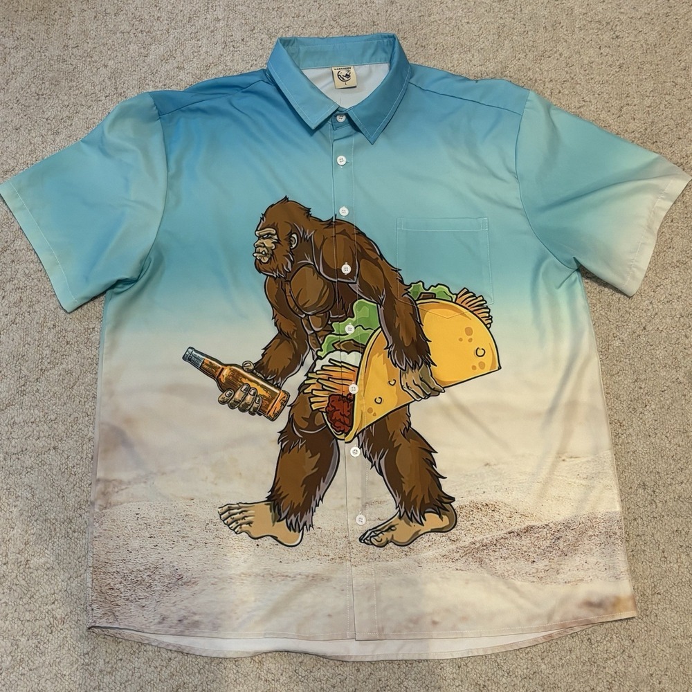 HARDADDY Men's Lg Shirt BigFoot w Taco & Beer at Beach Button Down Short Sleeve